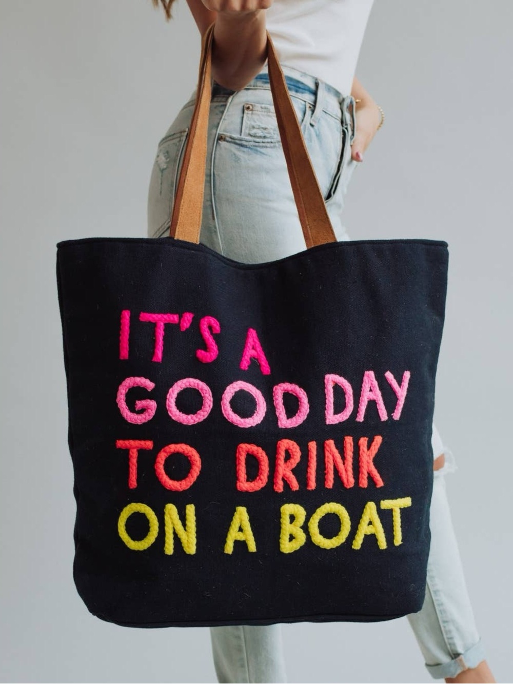 It’s A Good Day To Drink On A Boat Navy Canvas Bright Embroidered Slogan Tote
